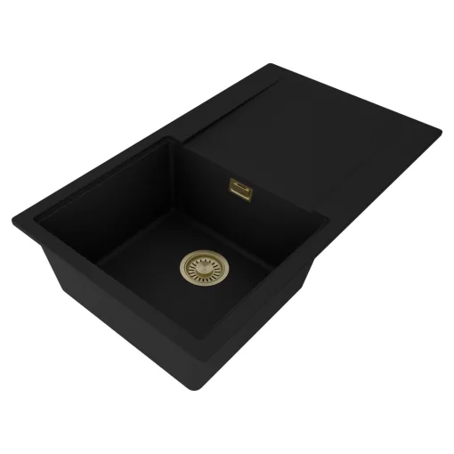 HD Onyx Black 86 egymedencés gránit mosogatótálca, vágódeszkával, matt fekete színben, szálcsiszolt arany leeresztő szifonnal