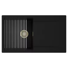 HD Onyx Black 86 egymedencés mosogatótálca szett, acél csepegtetőráccsal, csepegtetőtálcával, matt fekete színben, szálcsiszolt arany leeresztő szifonnal