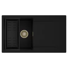 HD Onyx Black 86 egymedencés mosogatótálca szett, matt fekete csepegtetőkosárral, csepegtetőtálcával, matt fekete színben, szálcsiszolt arany leeresztő szifonnal