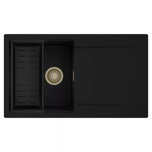 HD Onyx Black 86 egymedencés mosogatótálca szett, matt fekete csepegtetőkosárral, csepegtetőtálcával, matt fekete színben, szálcsiszolt arany leeresztő szifonnal