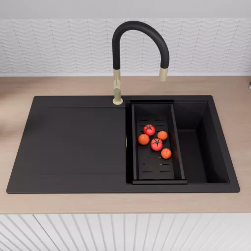 HD Onyx Black 86 egymedencés mosogatótálca szett, matt fekete csepegtetőkosárral, csepegtetőtálcával, matt fekete színben, szálcsiszolt arany leeresztő szifonnal