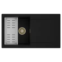 HD Onyx Black 86 egymedencés mosogatótálca szett, acél csepegtetőkosárral, csepegtetőtálcával, matt fekete színben, szálcsiszolt arany leeresztő szifonnal