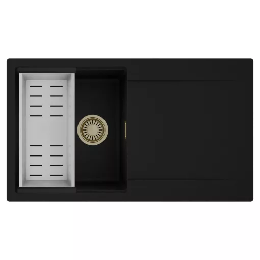 HD Onyx Black 86 egymedencés mosogatótálca szett, acél csepegtetőkosárral, csepegtetőtálcával, matt fekete színben, szálcsiszolt arany leeresztő szifonnal