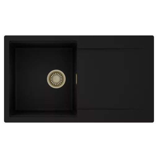 HD Onyx Black 86 egymedencés mosogatótálca, csepegtetőtálcával, matt fekete színben, szálcsiszolt arany leeresztő szifonnal