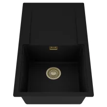 HD Onyx Black 86 egymedencés mosogatótálca, csepegtetőtálcával, matt fekete színben, szálcsiszolt arany leeresztő szifonnal