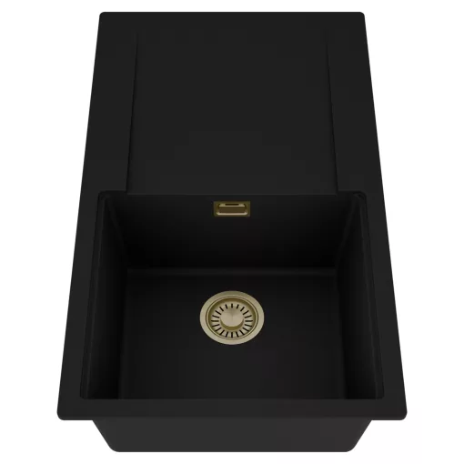 HD Onyx Black 86 egymedencés mosogatótálca, csepegtetőtálcával, matt fekete színben, szálcsiszolt arany leeresztő szifonnal