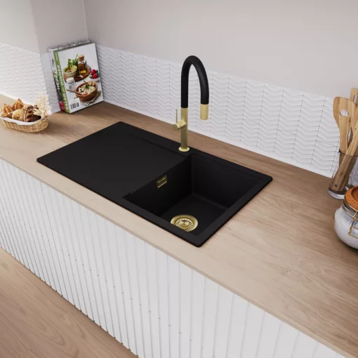 HD Onyx Black 86 egymedencés mosogatótálca, csepegtetőtálcával, matt fekete színben, szálcsiszolt arany leeresztő szifonnal