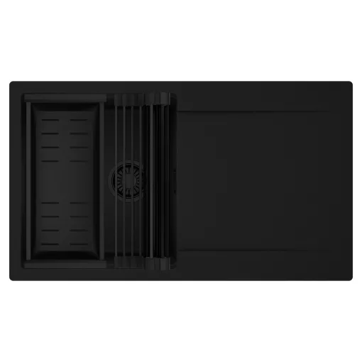 HD Onyx Black 86 egymedencés mosogatótálca szett, matt fekete csepegtetőráccsal és kosárral, csepegtetőtálcával, matt fekete színben, matt fekete leeresztő szifonnal