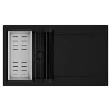 HD Onyx Black 86 egymedencés mosogatótálca szett, matt fekete csepegtetőráccsal és krómozott kosárral, csepegtetőtálcával, matt fekete színben, matt fekete leeresztő szifonnal