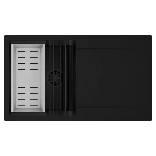 HD Onyx Black 86 egymedencés mosogatótálca szett, matt fekete csepegtetőráccsal és krómozott kosárral, csepegtetőtálcával, matt fekete színben, matt fekete leeresztő szifonnal