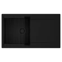 HD Onyx Black 86 egymedencés mosogatótálca szett, matt fekete csepegtetőráccsal, csepegtetőtálcával, matt fekete színben, matt fekete leeresztő szifonnal