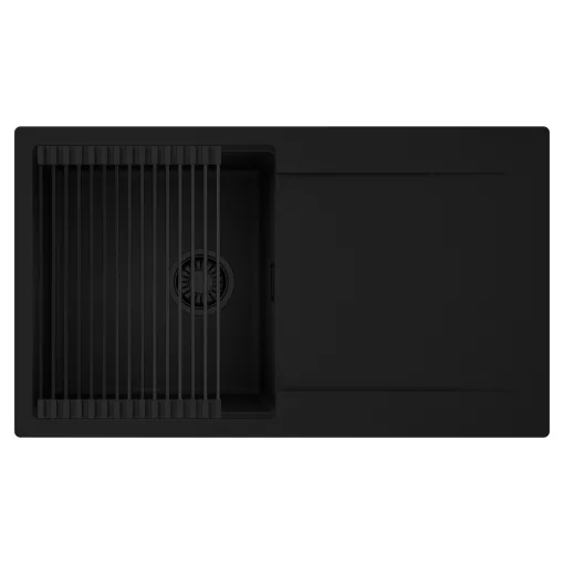 HD Onyx Black 86 egymedencés mosogatótálca szett, matt fekete csepegtetőráccsal, csepegtetőtálcával, matt fekete színben, matt fekete leeresztő szifonnal