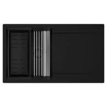 HD Onyx Black 86 egymedencés mosogatótálca szett, acél csepegtetőráccsal és matt fekete kosárral, csepegtetőtálcával, matt fekete színben, matt fekete leeresztő szifonnal