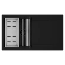 HD Onyx Black 86 egymedencés mosogatótálca szett, acél csepegtetőráccsal és kosárral, csepegtetőtálcával, matt fekete színben, matt fekete leeresztő szifonnal