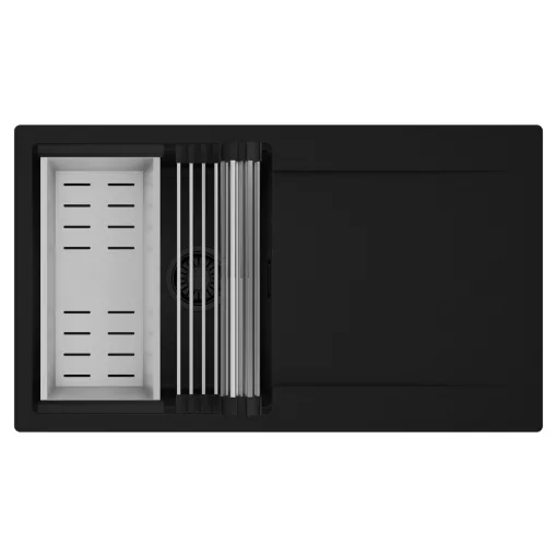 HD Onyx Black 86 egymedencés mosogatótálca szett, acél csepegtetőráccsal és kosárral, csepegtetőtálcával, matt fekete színben, matt fekete leeresztő szifonnal