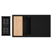 HD Onyx Black 86 egymedencés gránit mosogatótálca szett, csepegtetőtálcával, vágódeszkával, matt fekete csepegtetőráccsal és kosárral, matt fekete színben, matt fekete leeresztő szifonnal