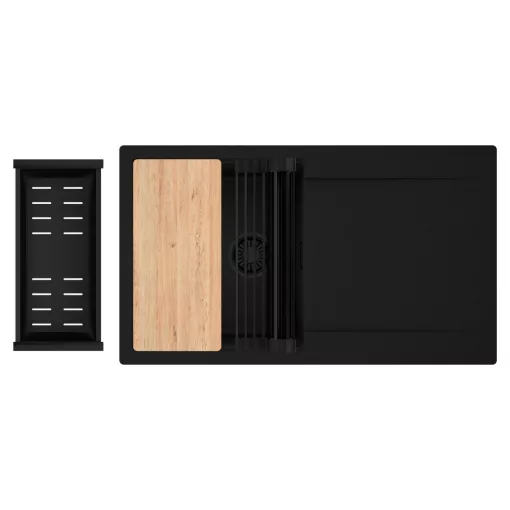 HD Onyx Black 86 egymedencés gránit mosogatótálca szett, csepegtetőtálcával, vágódeszkával, matt fekete csepegtetőráccsal és kosárral, matt fekete színben, matt fekete leeresztő szifonnal