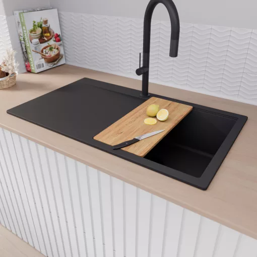 HD Onyx Black 86 egymedencés gránit mosogatótálca szett, csepegtetőtálcával, vágódeszkával, matt fekete csepegtetőráccsal és kosárral, matt fekete színben, matt fekete leeresztő szifonnal