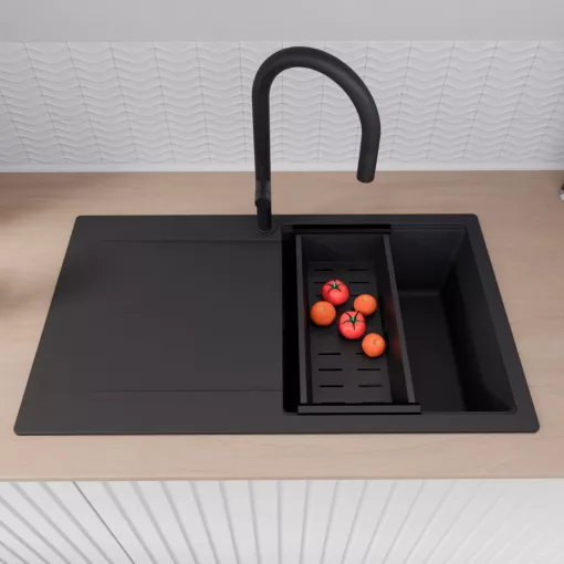 HD Onyx Black 86 egymedencés gránit mosogatótálca szett, csepegtetőtálcával, vágódeszkával, matt fekete csepegtetőráccsal és kosárral, matt fekete színben, matt fekete leeresztő szifonnal