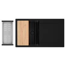 HD Onyx Black 86 egymedencés gránit mosogatótálca szett, csepegtetőtálcával, vágódeszkával, matt fekete csepegtetőráccsal és krómozott kosárral, matt fekete színben, matt fekete leeresztő szifonnal