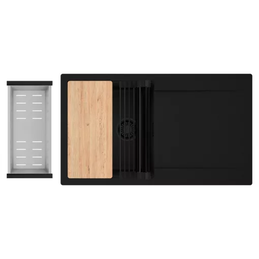 HD Onyx Black 86 egymedencés gránit mosogatótálca szett, csepegtetőtálcával, vágódeszkával, matt fekete csepegtetőráccsal és krómozott kosárral, matt fekete színben, matt fekete leeresztő szifonnal