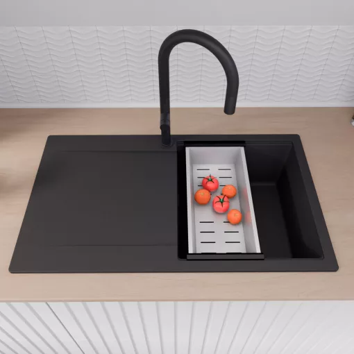 HD Onyx Black 86 egymedencés gránit mosogatótálca szett, csepegtetőtálcával, vágódeszkával, matt fekete csepegtetőráccsal és krómozott kosárral, matt fekete színben, matt fekete leeresztő szifonnal