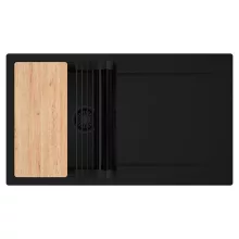 HD Onyx Black 86 egymedencés gránit mosogatótálca szett, csepegtetőtálcával, vágódeszkával, matt fekete csepegtetőráccsal, matt fekete színben, matt fekete leeresztő szifonnal