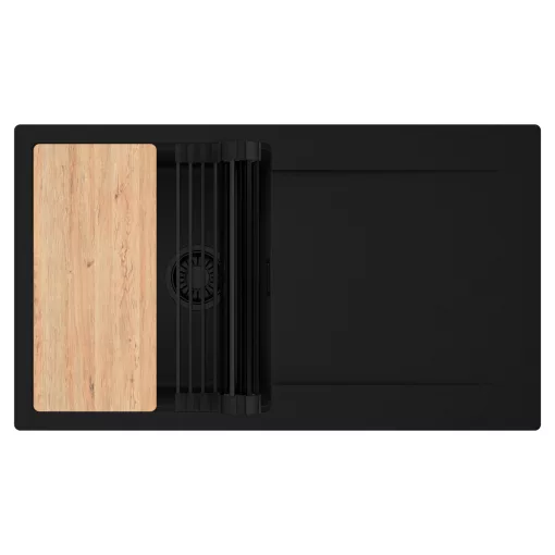 HD Onyx Black 86 egymedencés gránit mosogatótálca szett, csepegtetőtálcával, vágódeszkával, matt fekete csepegtetőráccsal, matt fekete színben, matt fekete leeresztő szifonnal