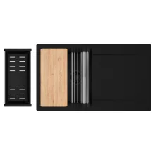 HD Onyx Black 86 egymedencés gránit mosogatótálca szett, csepegtetőtálcával, vágódeszkával, acél csepegtetőráccsal és matt fekete kosárral, matt fekete színben, matt fekete leeresztő szifonnal