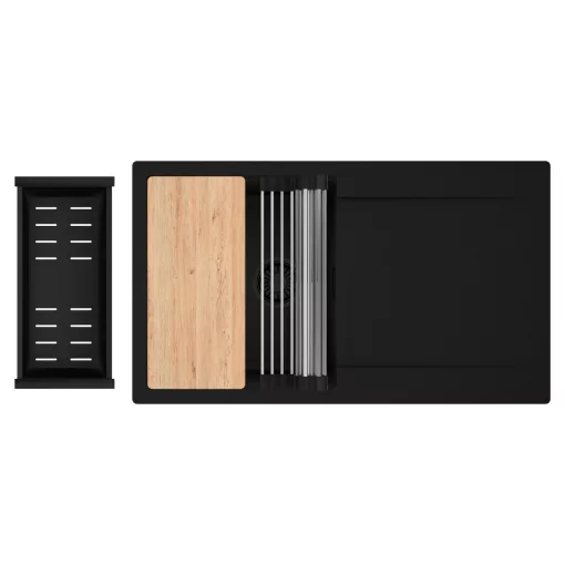 HD Onyx Black 86 egymedencés gránit mosogatótálca szett, csepegtetőtálcával, vágódeszkával, acél csepegtetőráccsal és matt fekete kosárral, matt fekete színben, matt fekete leeresztő szifonnal