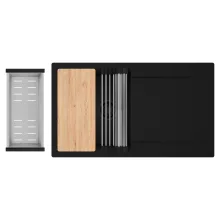 HD Onyx Black 86 egymedencés gránit mosogatótálca szett, csepegtetőtálcával, vágódeszkával, acél csepegtetőráccsal és kosárral, matt fekete színben, matt fekete leeresztő szifonnal