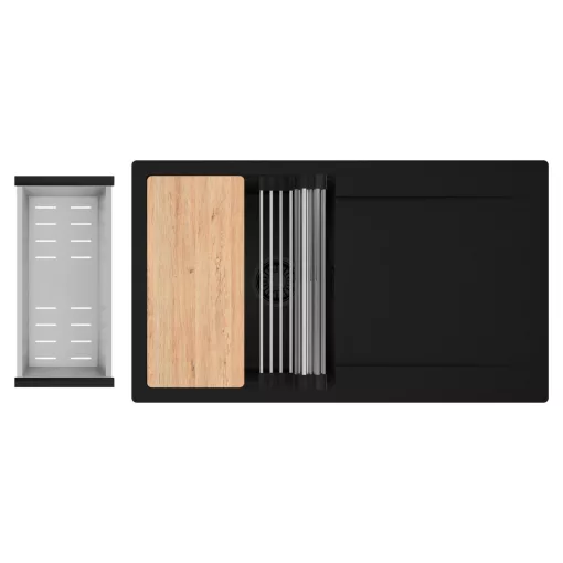 HD Onyx Black 86 egymedencés gránit mosogatótálca szett, csepegtetőtálcával, vágódeszkával, acél csepegtetőráccsal és kosárral, matt fekete színben, matt fekete leeresztő szifonnal