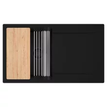 HD Onyx Black 86 egymedencés gránit mosogatótálca szett, csepegtetőtálcával, vágódeszkával, acél csepegtetőráccsal, matt fekete színben, matt fekete leeresztő szifonnal