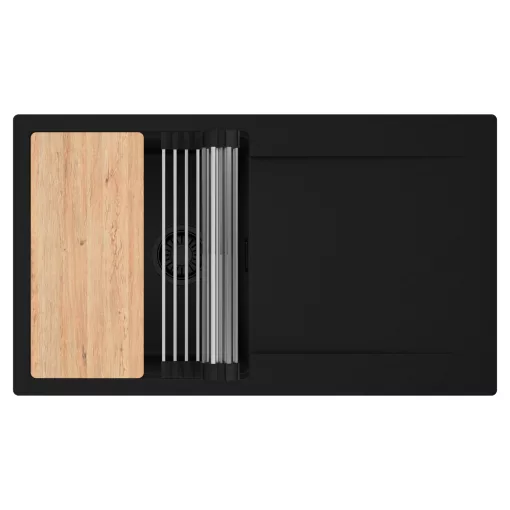 HD Onyx Black 86 egymedencés gránit mosogatótálca szett, csepegtetőtálcával, vágódeszkával, acél csepegtetőráccsal, matt fekete színben, matt fekete leeresztő szifonnal