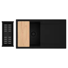 HD Onyx Black 86 egymedencés gránit mosogatótálca szett, csepegtetőtálcával, vágódeszkával, matt fekete csepegtetőkosárral, matt fekete színben, matt fekete leeresztő szifonnal