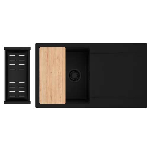 HD Onyx Black 86 egymedencés gránit mosogatótálca szett, csepegtetőtálcával, vágódeszkával, matt fekete csepegtetőkosárral, matt fekete színben, matt fekete leeresztő szifonnal