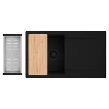 HD Onyx Black 86 egymedencés gránit mosogatótálca szett, csepegtetőtálcával, vágódeszkával, acél csepegtetőkosárral, matt fekete színben, matt fekete leeresztő szifonnal