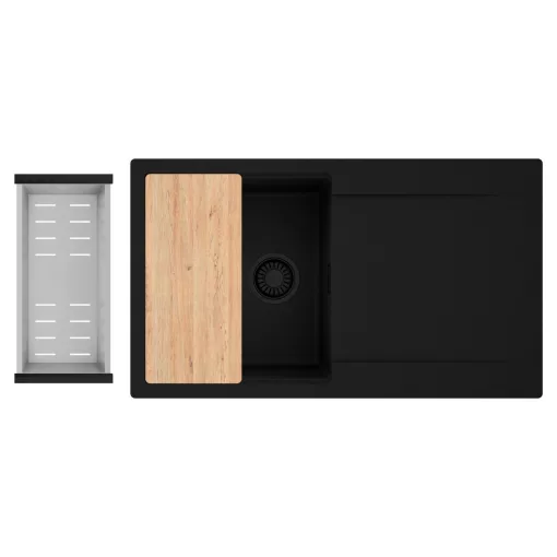 HD Onyx Black 86 egymedencés gránit mosogatótálca szett, csepegtetőtálcával, vágódeszkával, acél csepegtetőkosárral, matt fekete színben, matt fekete leeresztő szifonnal