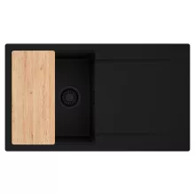 HD Onyx Black 86 egymedencés gránit mosogatótálca, vágódeszkával, matt fekete színben, matt fekete leeresztő szifonnal