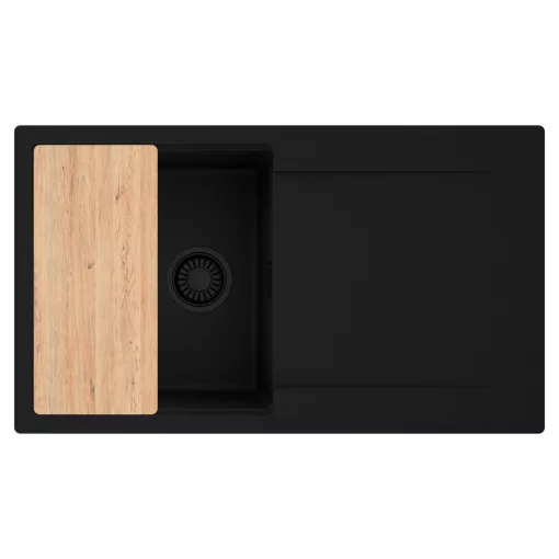 HD Onyx Black 86 egymedencés gránit mosogatótálca, vágódeszkával, matt fekete színben, matt fekete leeresztő szifonnal