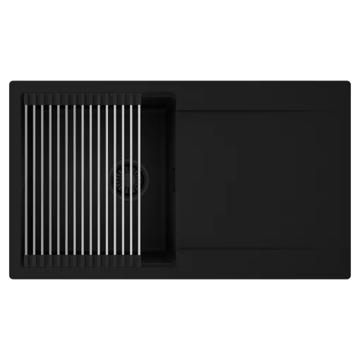 HD Onyx Black 86 egymedencés mosogatótálca szett, acél csepegtetőráccsal, csepegtetőtálcával, matt fekete színben, matt fekete leeresztő szifonnal