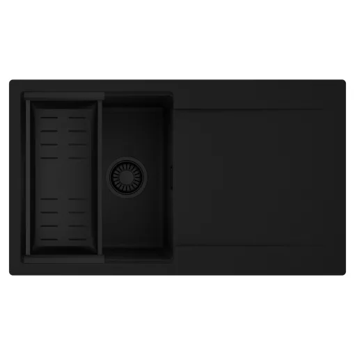 HD Onyx Black 86 egymedencés mosogatótálca szett, matt fekete csepegtetőkosárral, csepegtetőtálcával, matt fekete színben, matt fekete leeresztő szifonnal