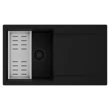 HD Onyx Black 86 egymedencés mosogatótálca szett, acél csepegtetőkosárral, csepegtetőtálcával, matt fekete színben, matt fekete leeresztő szifonnal