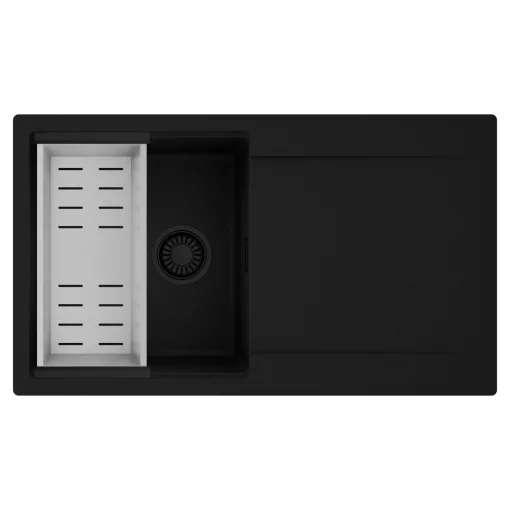 HD Onyx Black 86 egymedencés mosogatótálca szett, acél csepegtetőkosárral, csepegtetőtálcával, matt fekete színben, matt fekete leeresztő szifonnal