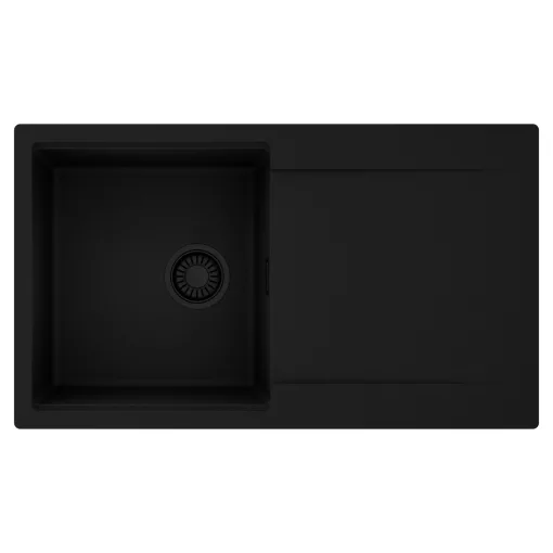 HD Onyx Black 86 egymedencés mosogatótálca, csepegtetőtálcával, matt fekete színben, matt fekete leeresztő szifonnal