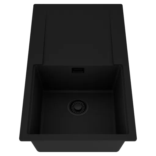 HD Onyx Black 86 egymedencés mosogatótálca, csepegtetőtálcával, matt fekete színben, matt fekete leeresztő szifonnal