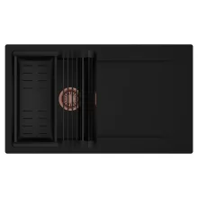 HD Onyx Black 86 egymedencés mosogatótálca szett, matt fekete csepegtetőráccsal és kosárral, csepegtetőtálcával, matt fekete színben, szálcsiszolt réz leeresztő szifonnal