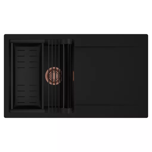 HD Onyx Black 86 egymedencés mosogatótálca szett, matt fekete csepegtetőráccsal és kosárral, csepegtetőtálcával, matt fekete színben, szálcsiszolt réz leeresztő szifonnal