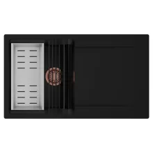 HD Onyx Black 86 egymedencés mosogatótálca szett, matt fekete csepegtetőráccsal és krómozott kosárral, csepegtetőtálcával, matt fekete színben, szálcsiszolt réz leeresztő szifonnal