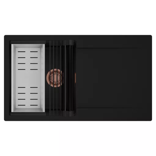 HD Onyx Black 86 egymedencés mosogatótálca szett, matt fekete csepegtetőráccsal és krómozott kosárral, csepegtetőtálcával, matt fekete színben, szálcsiszolt réz leeresztő szifonnal